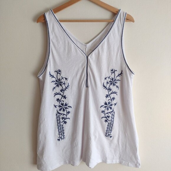 Garnet Hill Embroidered Tank Top XL Navy on White Relaxed Fit Cotton Shirt - Picture 1 of 8